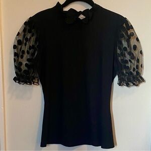 Cute Black ribbed Top with Sheer Polka Dot puffed Sleeves